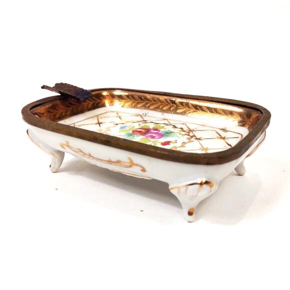 Antique Porcelain Germany Kalk Crossed Arrows Mark Gilt Ashtray Hand Painted - Picture 4 of 8